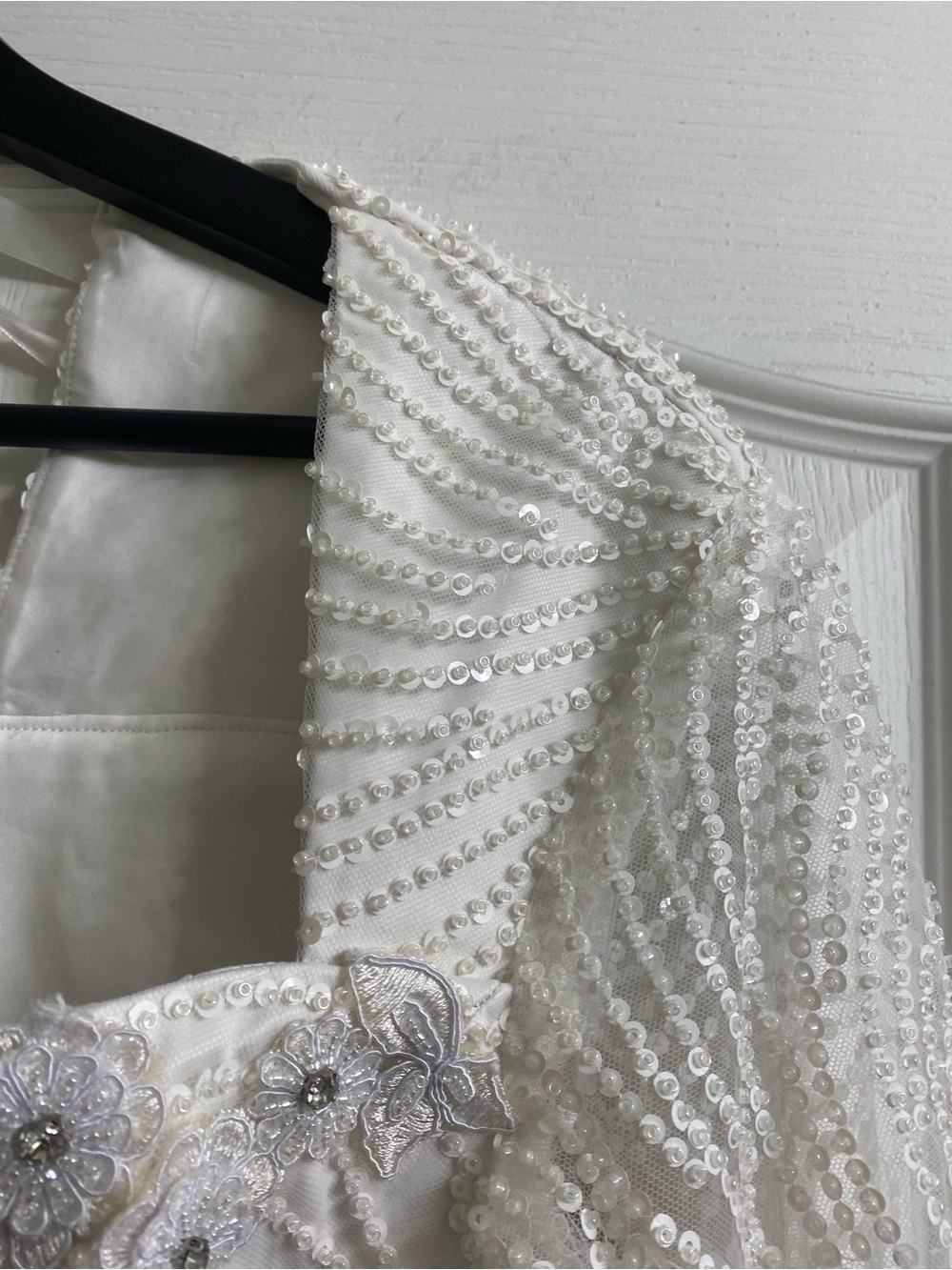 Vintage Elegant White Swirl Sequin Beaded Midi Formal Dress Long Sheer Sleeves M - Picture 4 of 16